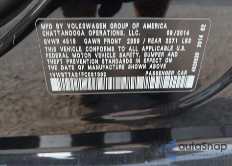 2015 Volkswagen Passat 1.8T Se из США, поврежденный, VIN 1VWBT7A31FC031392